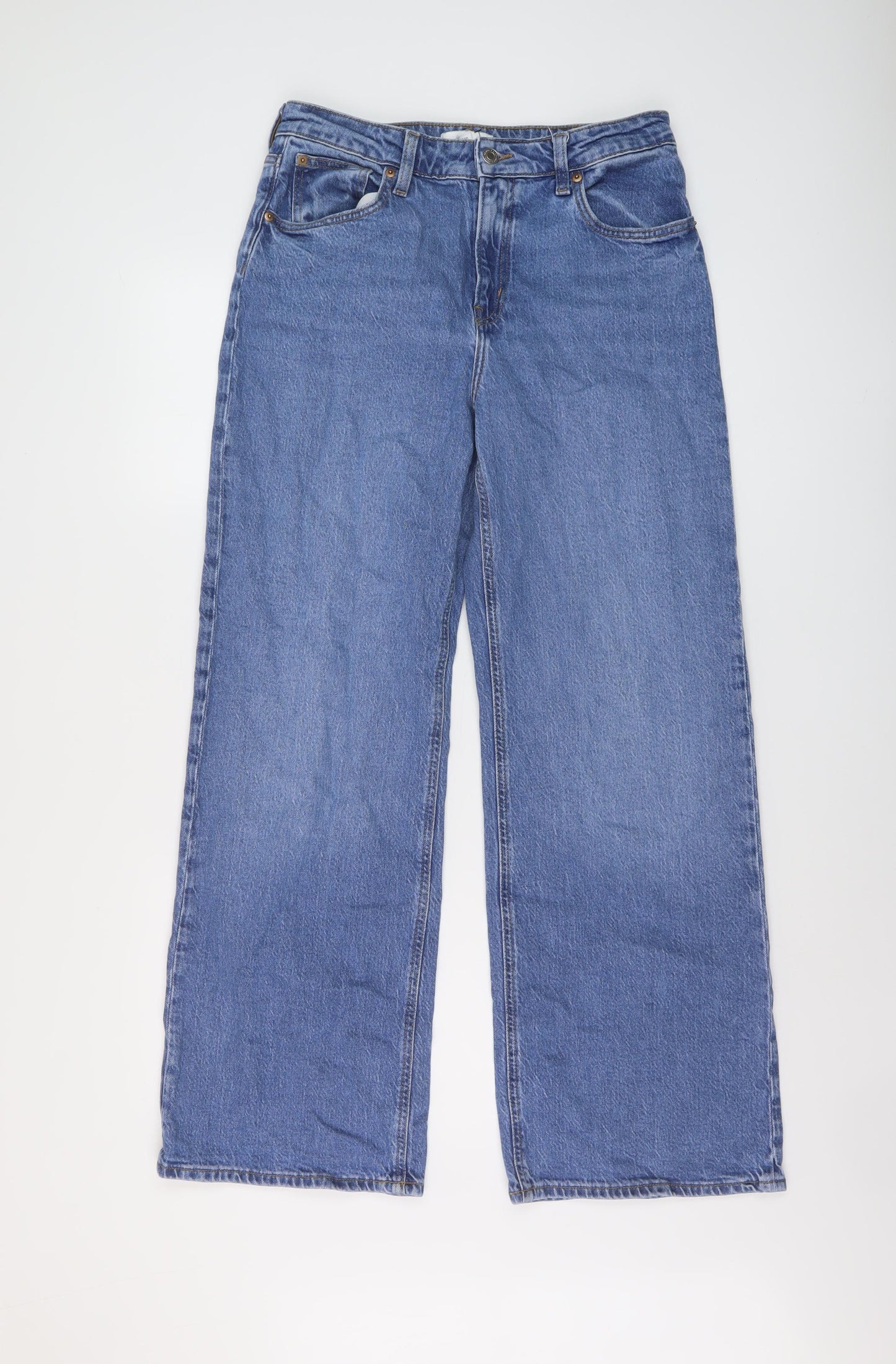 H&M Womens Blue Cotton Wide-Leg Jeans Size 14 L30 in Regular Button