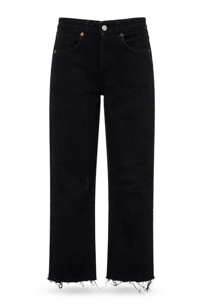 Front view of Zara women’s black cotton straight jeans, size UK 12, 25-inch leg regular button