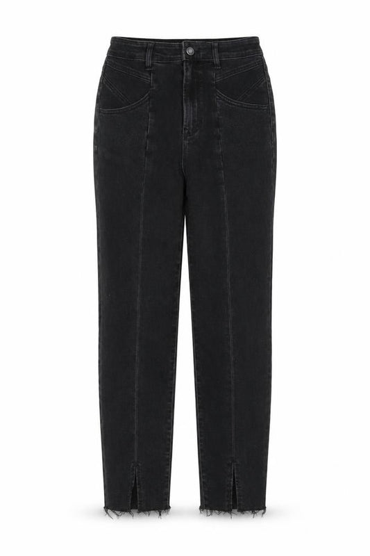 Front view of Stradivarius women’s black cotton mom jeans, size UK 10, 28-inch leg slim button