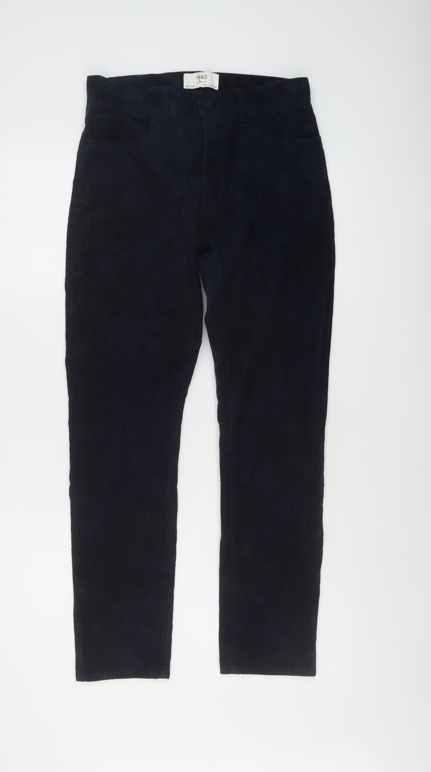 Marks and Spencer Mens Blue Cotton Trousers Size 28 in L23 in Regular Button