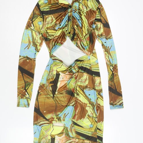 PRETTYLITTLETHING Womens Multicoloured Geometric Polyester Bodycon Size 10 Collared Button - Cut Out Detail Marble Print