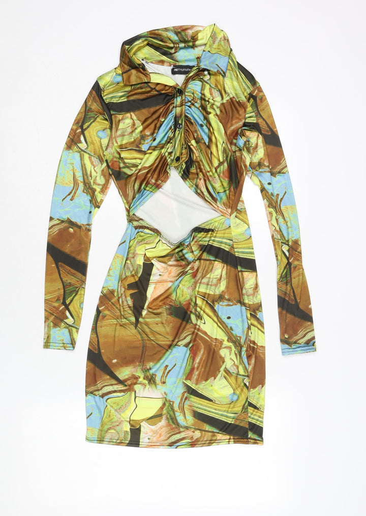PRETTYLITTLETHING Womens Multicoloured Geometric Polyester Bodycon Size 10 Collared Button - Cut Out Detail Marble Print