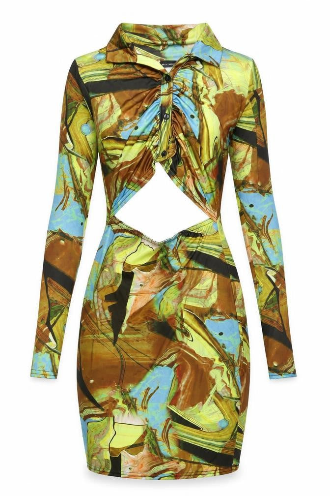 Front view of PRETTYLITTLETHING women’s multicoloured geometric polyester bodycon, collared button - cut out detail marble