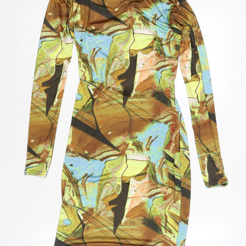 PRETTYLITTLETHING Womens Multicoloured Geometric Polyester Bodycon Size 10 Collared Button - Cut Out Detail Marble Print