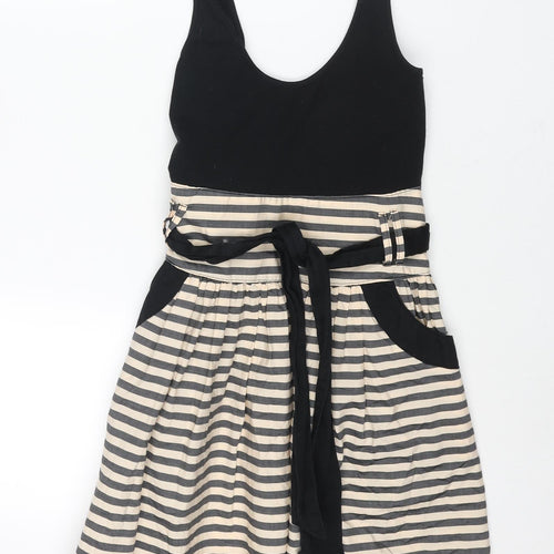Annie Greenabelle Womens Black Cotton Fit & Flare Size 10 Scoop Neck Zip - Stripe Print Belted