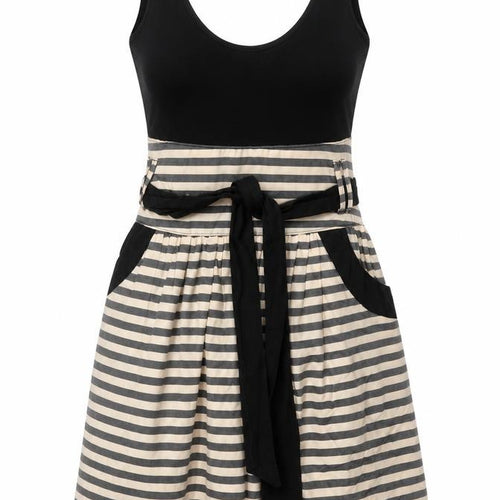 Annie Greenabelle Womens Black Cotton Fit & Flare Size 10 Scoop Neck Zip - Stripe Print Belted
