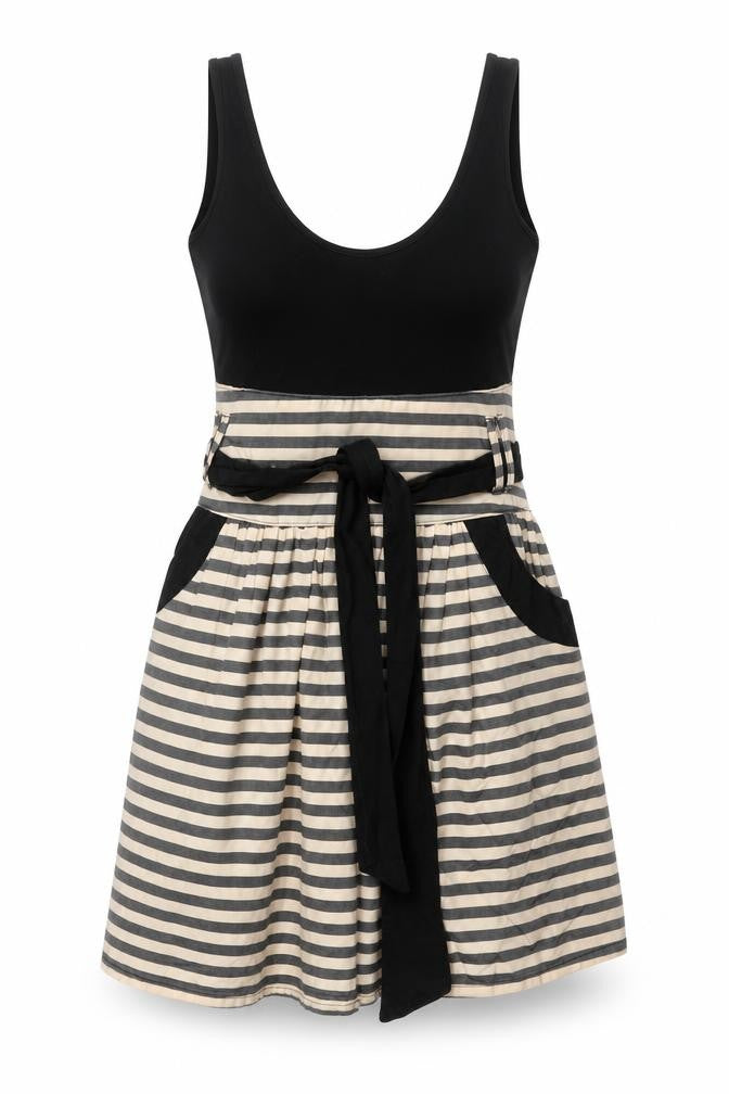 Annie Greenabelle Womens Black Cotton Fit & Flare Size 10 Scoop Neck Zip - Stripe Print Belted
