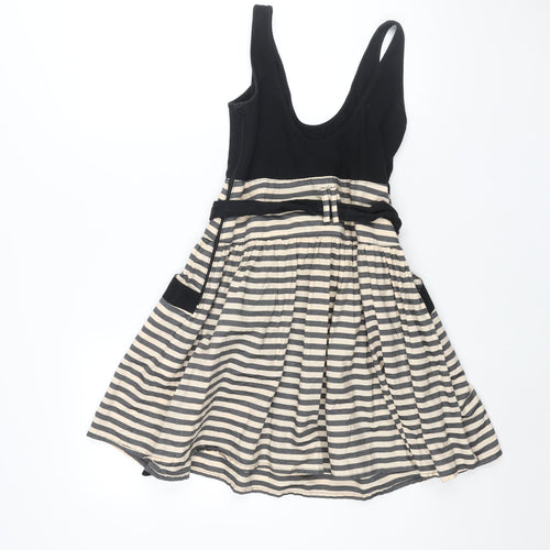 Annie Greenabelle Womens Black Cotton Fit & Flare Size 10 Scoop Neck Zip - Stripe Print Belted