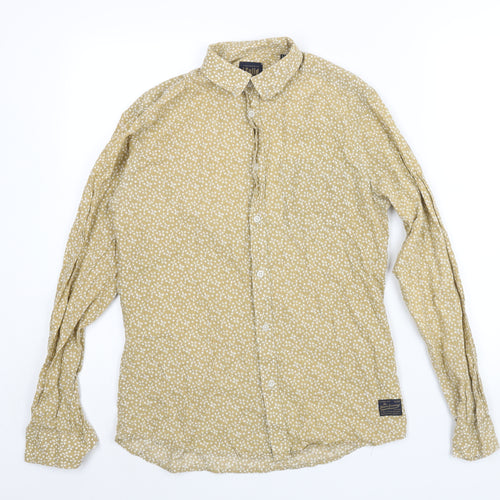 !Solid Mens Beige Geometric Polyester Button-Up Size M Collared Button