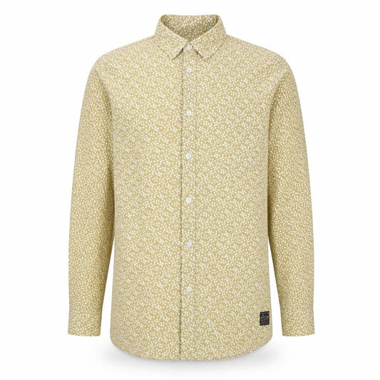 Front view of !Solid men’s beige geometric polyester button-up, size M, collared button