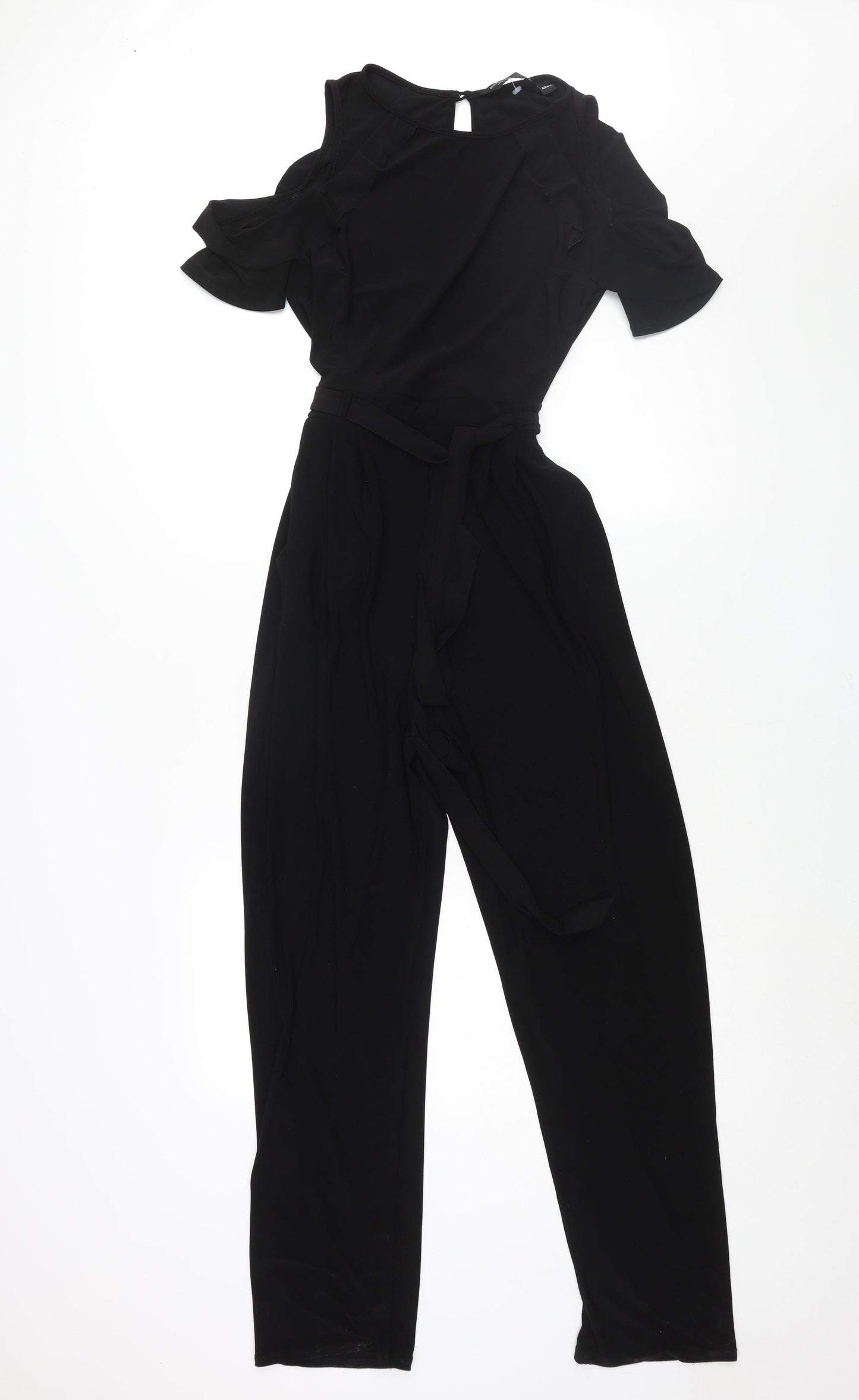 Dorothy Perkins Womens Black Polyester Jumpsuit One-Piece Size 12 L31 in Button - Cold Shoulder Frill Belted