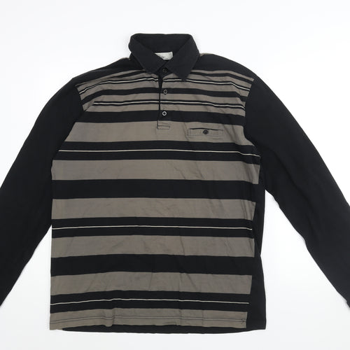 Leon Mens Black Cotton Polo Size 2XL Collared Button - Stripe Print