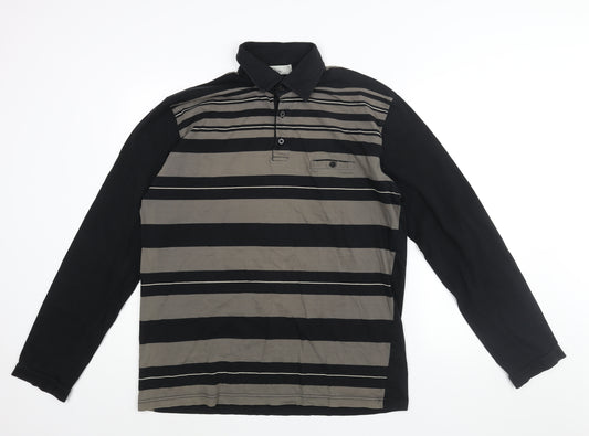 Leon Mens Black Cotton Polo Size 2XL Collared Button - Stripe Print