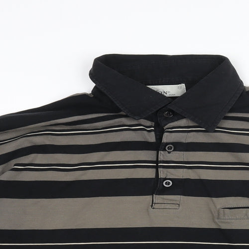 Leon Mens Black Cotton Polo Size 2XL Collared Button - Stripe Print