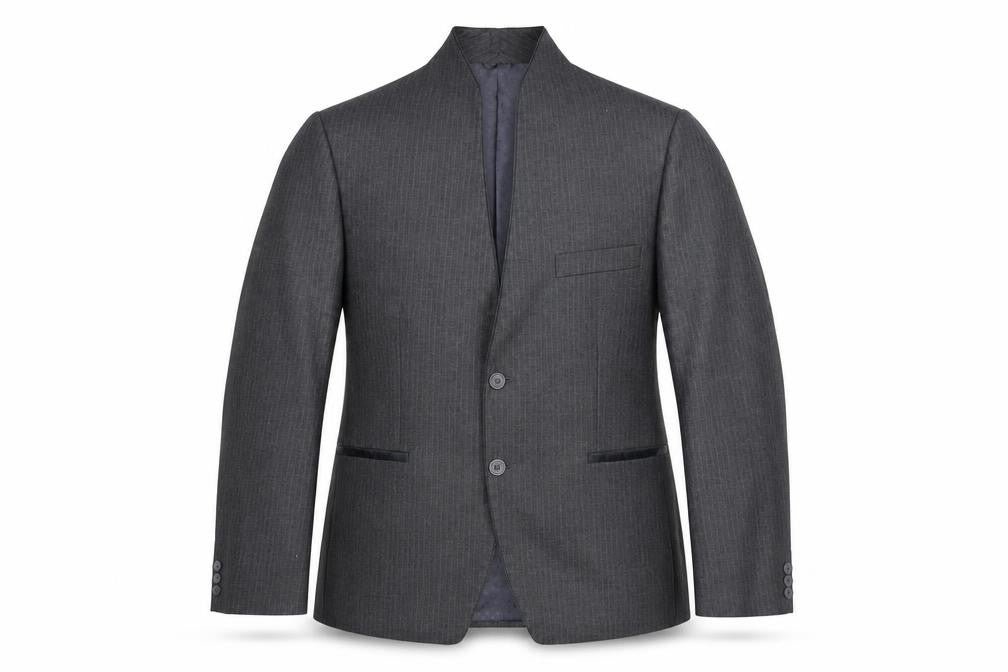 Front view of Alais men’s grey striped polyester jacket suit jacket, size 44, regular - no lapel