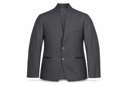 Front view of Alais men’s grey striped polyester jacket suit jacket, size 44, regular - no lapel