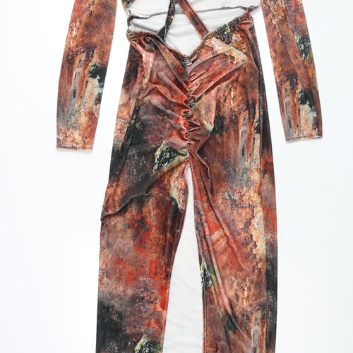 PRETTYLITTLETHING Womens Multicoloured Geometric Polyester Maxi Size 14 V-Neck Pullover - Twist Detail Cut Out Rouched Marble Print