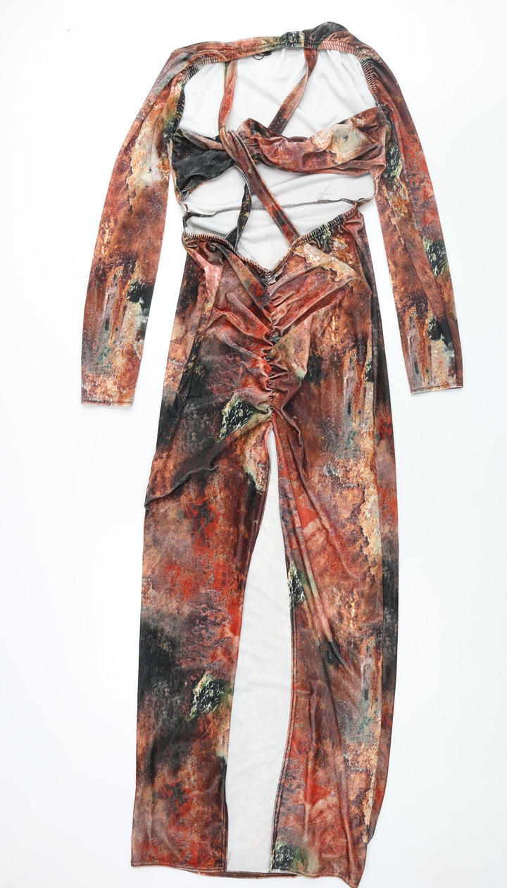 PRETTYLITTLETHING Womens Multicoloured Geometric Polyester Maxi Size 14 V-Neck Pullover - Twist Detail Cut Out Rouched Marble Print