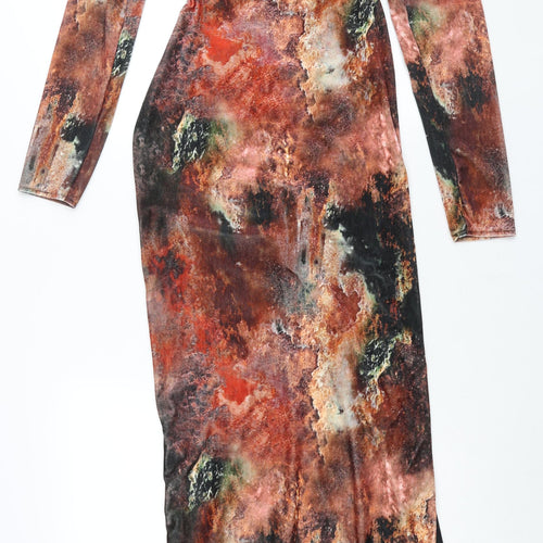 PRETTYLITTLETHING Womens Multicoloured Geometric Polyester Maxi Size 14 V-Neck Pullover - Twist Detail Cut Out Rouched Marble Print
