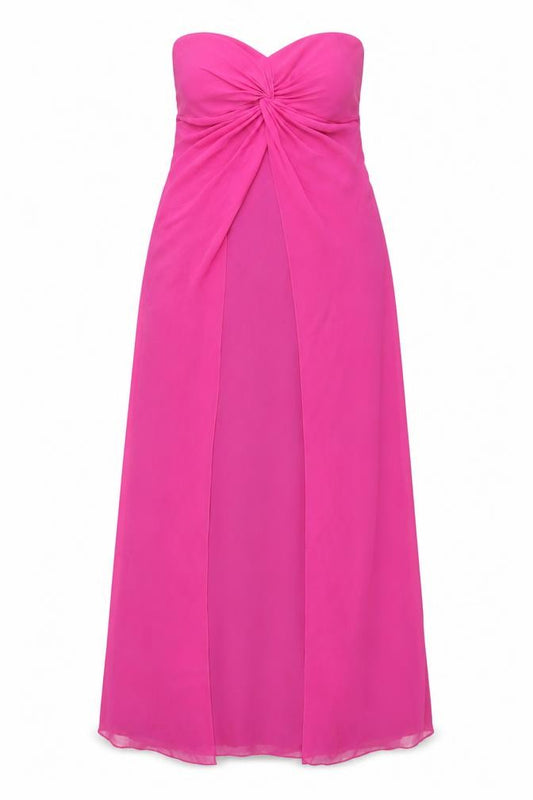 Front view of Venus women’s pink polyester ball gown, size UK 14, sweetheart zip - padded support
