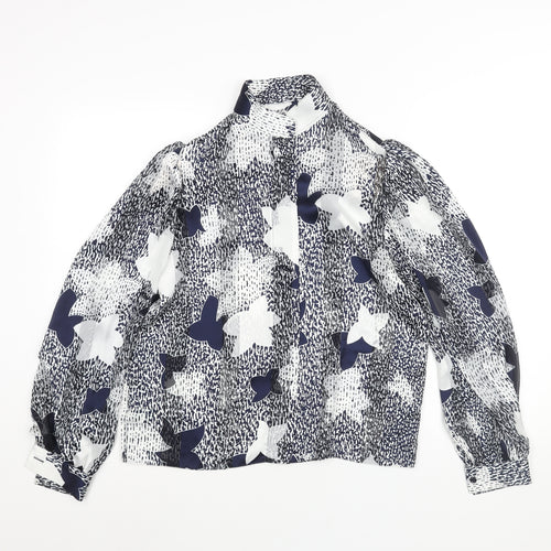 St Michael Womens Blue Geometric Polyester Basic Blouse Size 12 Mock Neck - Shoulder Pads