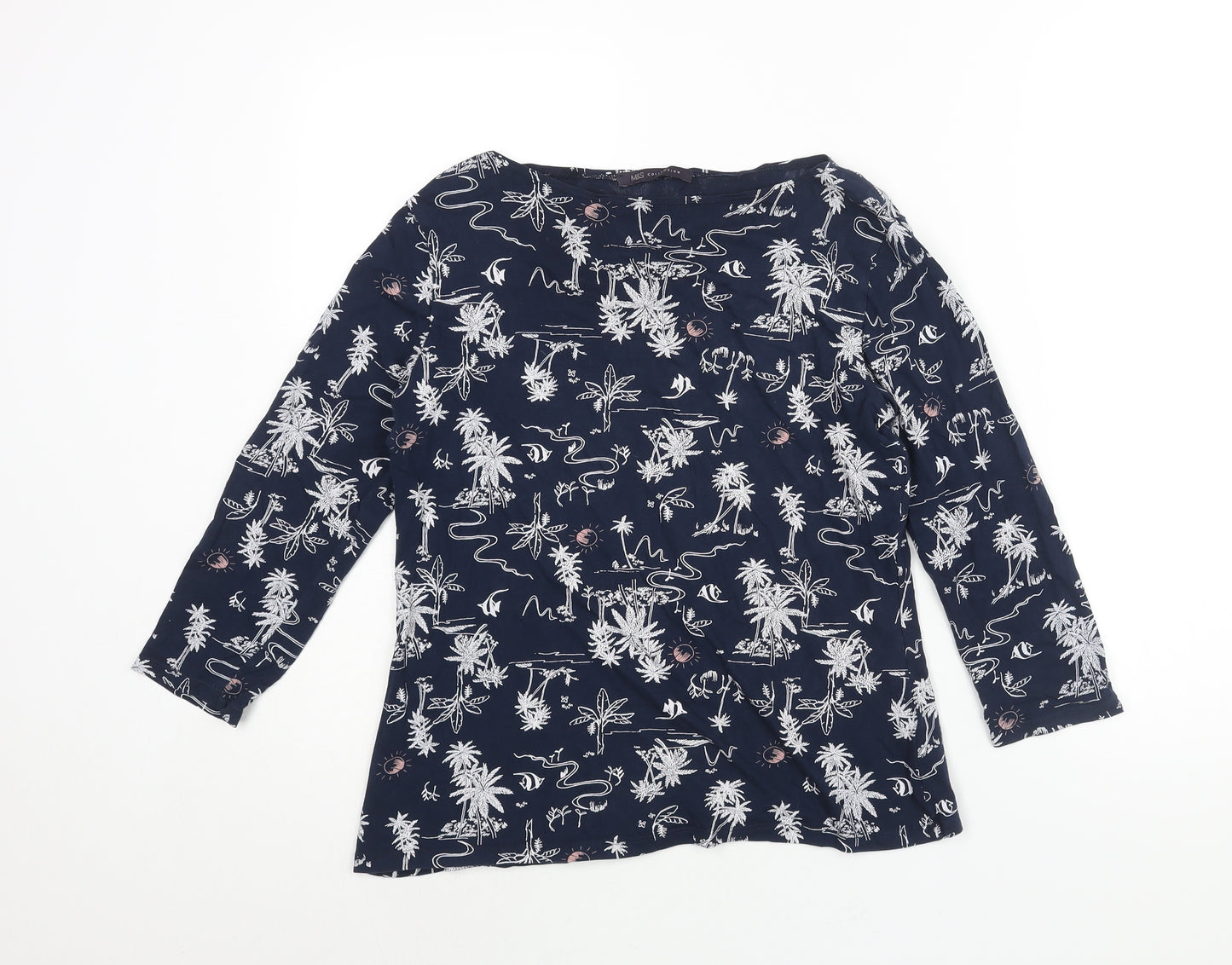 Marks and Spencer Womens Blue Geometric Cotton Basic T-Shirt Size 16 Round Neck - Palm Tree Fish Print