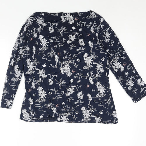 Marks and Spencer Womens Blue Geometric Cotton Basic T-Shirt Size 16 Round Neck - Palm Tree Fish Print