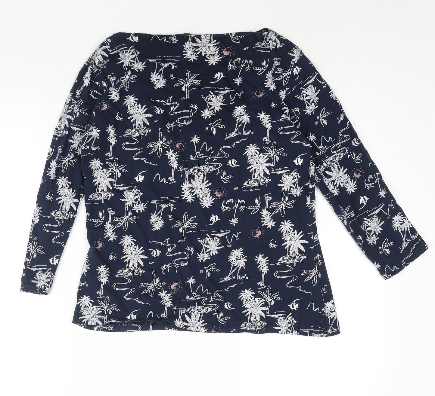 Marks and Spencer Womens Blue Geometric Cotton Basic T-Shirt Size 16 Round Neck - Palm Tree Fish Print