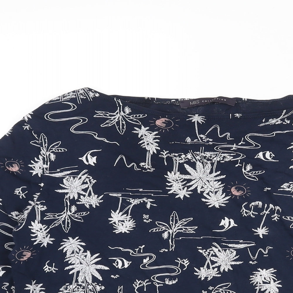 Marks and Spencer Womens Blue Geometric Cotton Basic T-Shirt Size 16 Round Neck - Palm Tree Fish Print