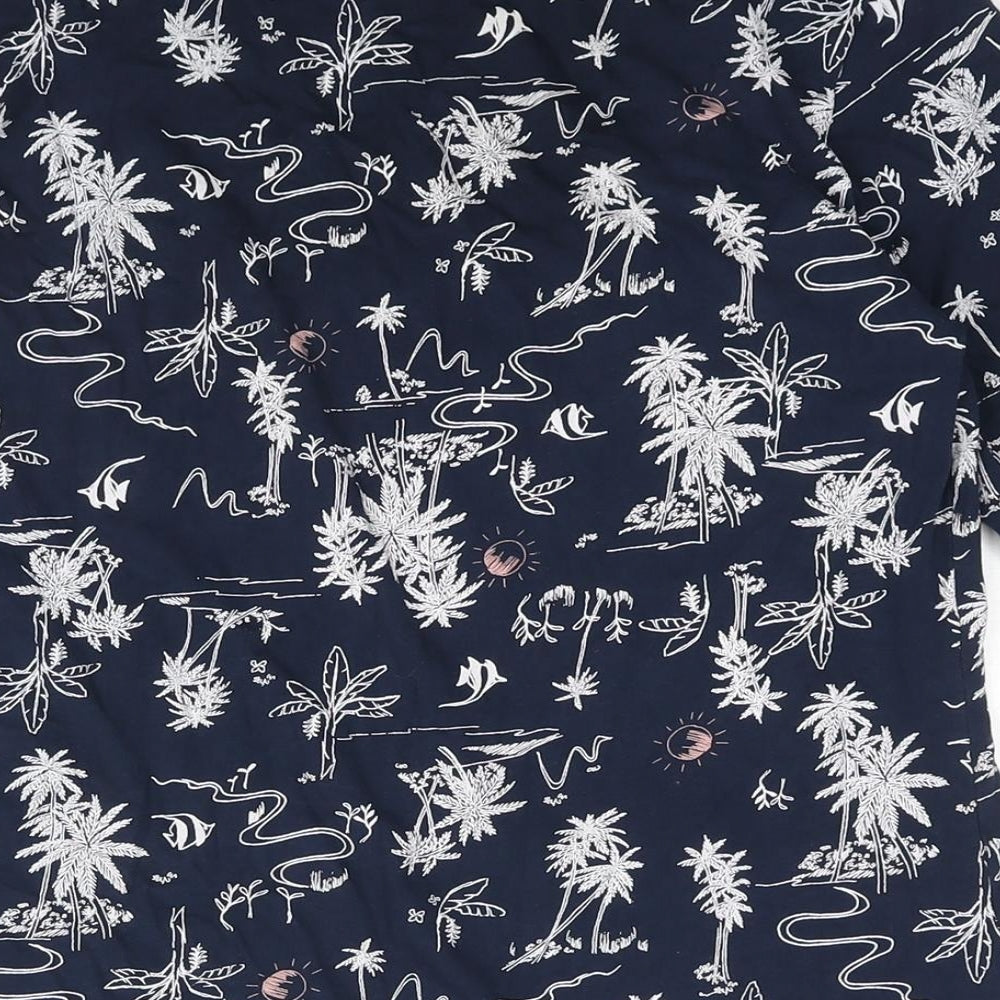 Marks and Spencer Womens Blue Geometric Cotton Basic T-Shirt Size 16 Round Neck - Palm Tree Fish Print
