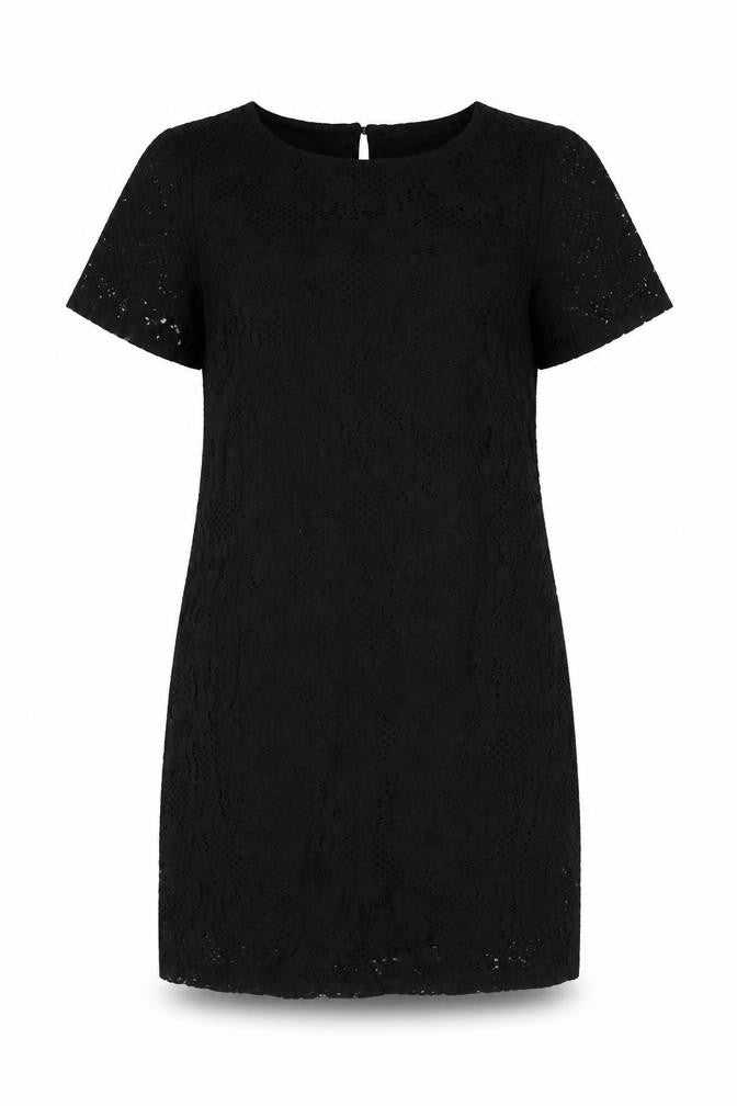 Front view of Dorothy Perkins women’s black cotton shift, size UK 8, round neck button