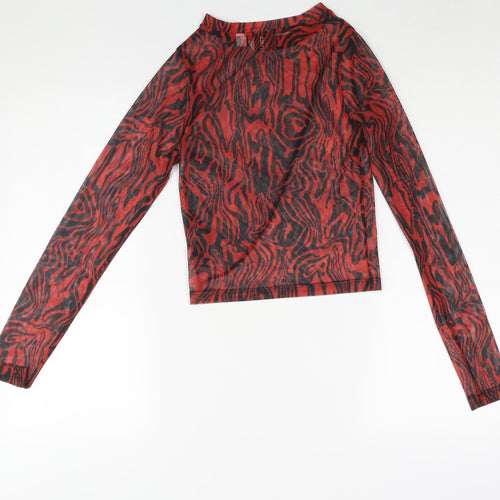 COLLUSION Womens Red Geometric Polyester Cropped Blouse Size 8 Round Neck - Semi Sheer Rouched