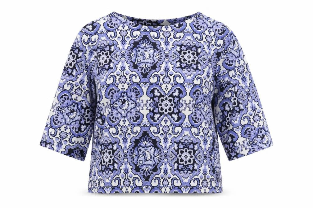 Front view of Marks & Spencer women’s blue geometric polyester basic blouse, size UK 16, boat neck