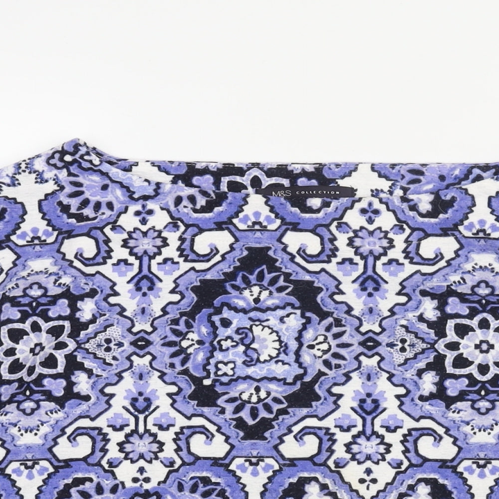 Marks and Spencer Womens Blue Geometric Polyester Basic Blouse Size 16 Boat Neck