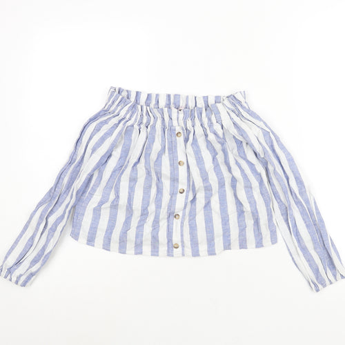 Miss Selfridge Womens Blue Striped Linen Basic Blouse Size 4 Off the Shoulder - Button Detail