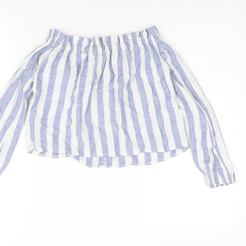 Miss Selfridge Womens Blue Striped Linen Basic Blouse Size 4 Off the Shoulder - Button Detail