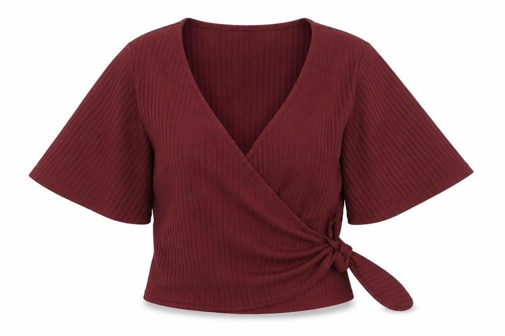 Front view of New Look women’s red polyester wrap blouse, size UK 8, v-neck