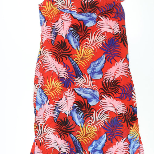 New Look Womens Multicoloured Geometric Polyester Maxi Size 16 Scoop Neck Zip - Side Slits Frill Leaf Print