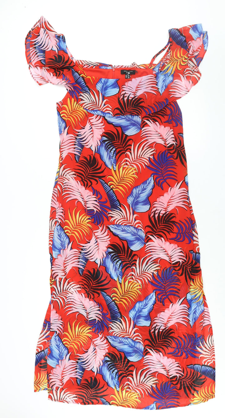New Look Womens Multicoloured Geometric Polyester Maxi Size 16 Scoop Neck Zip - Side Slits Frill Leaf Print