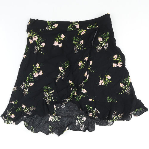 Dorothy Perkins Womens Black Floral Viscose A-Line Skirt Size 12 Zip - Frill Detail
