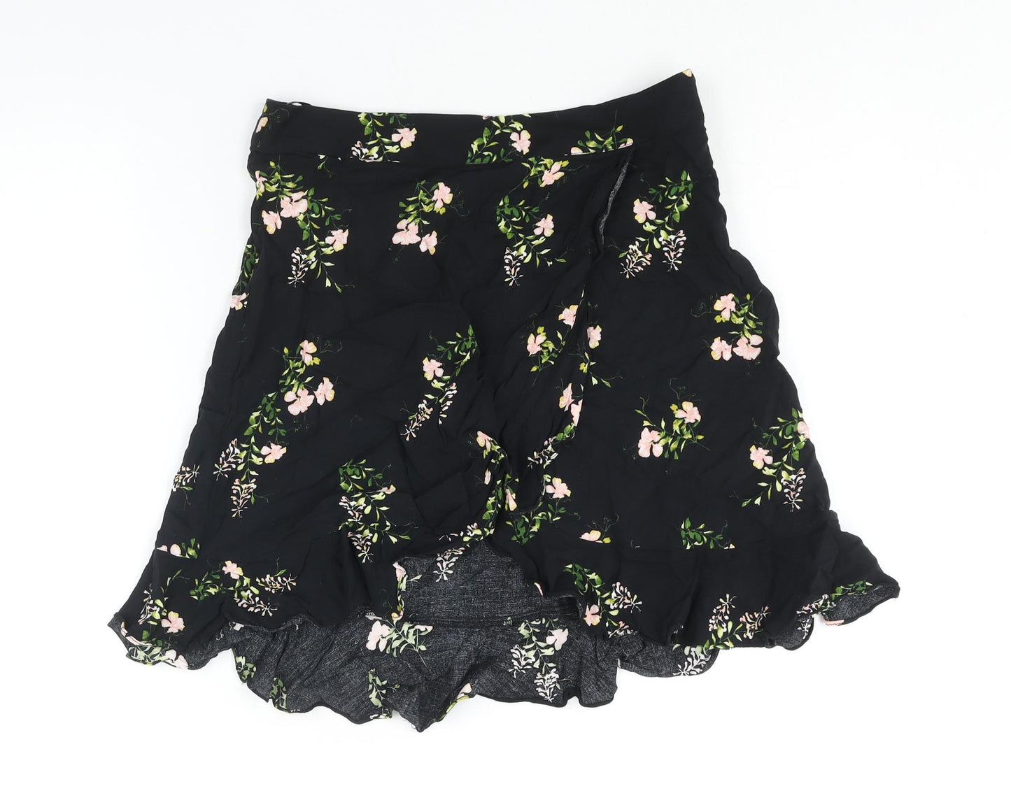 Dorothy Perkins Womens Black Floral Viscose A-Line Skirt Size 12 Zip - Frill Detail