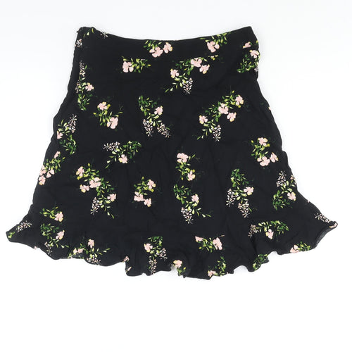 Dorothy Perkins Womens Black Floral Viscose A-Line Skirt Size 12 Zip - Frill Detail