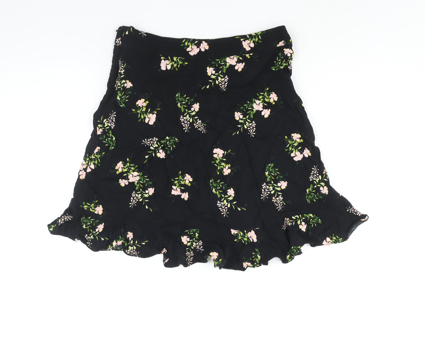 Dorothy Perkins Womens Black Floral Viscose A-Line Skirt Size 12 Zip - Frill Detail
