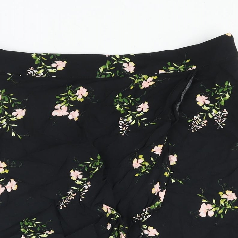 Dorothy Perkins Womens Black Floral Viscose A-Line Skirt Size 12 Zip - Frill Detail