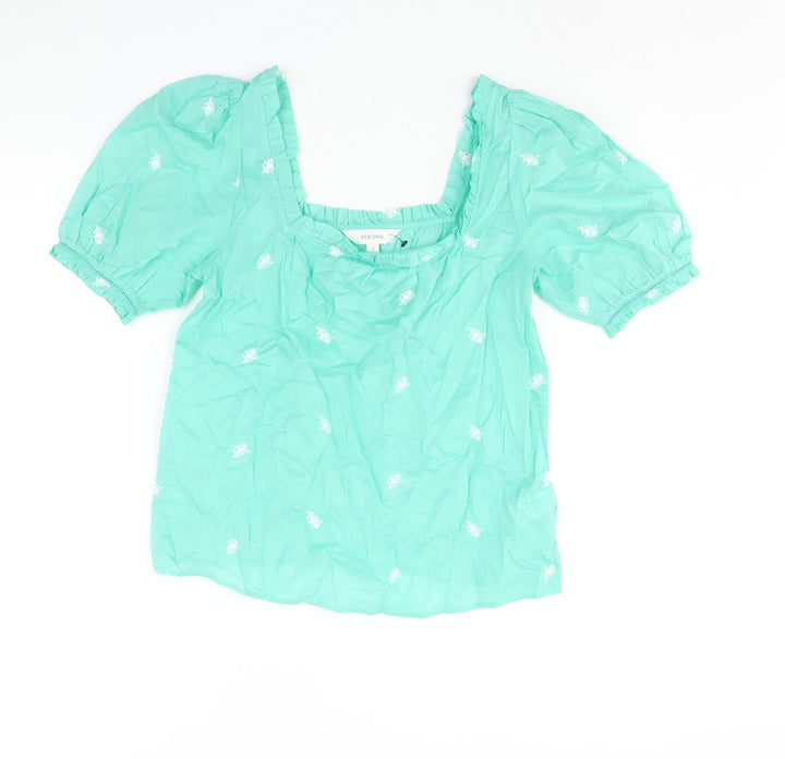 Per Una Womens Green Cotton Basic Blouse Size 6 Square Neck - Embroidered Detail Frill