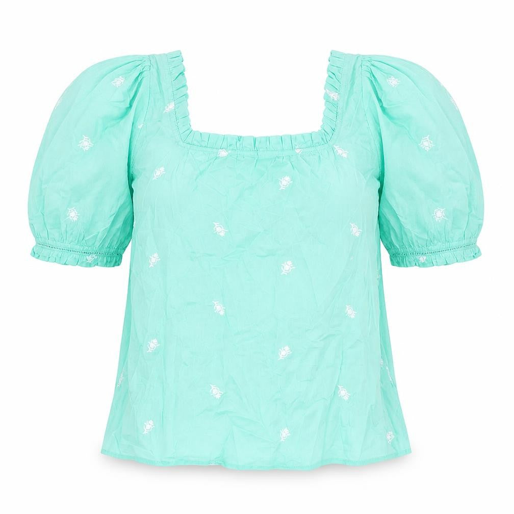 Front view of Per Una women’s green cotton basic blouse, size UK 6, square neck - embroidered detail frill