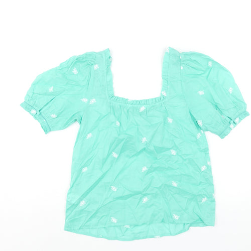 Per Una Womens Green Cotton Basic Blouse Size 6 Square Neck - Embroidered Detail Frill