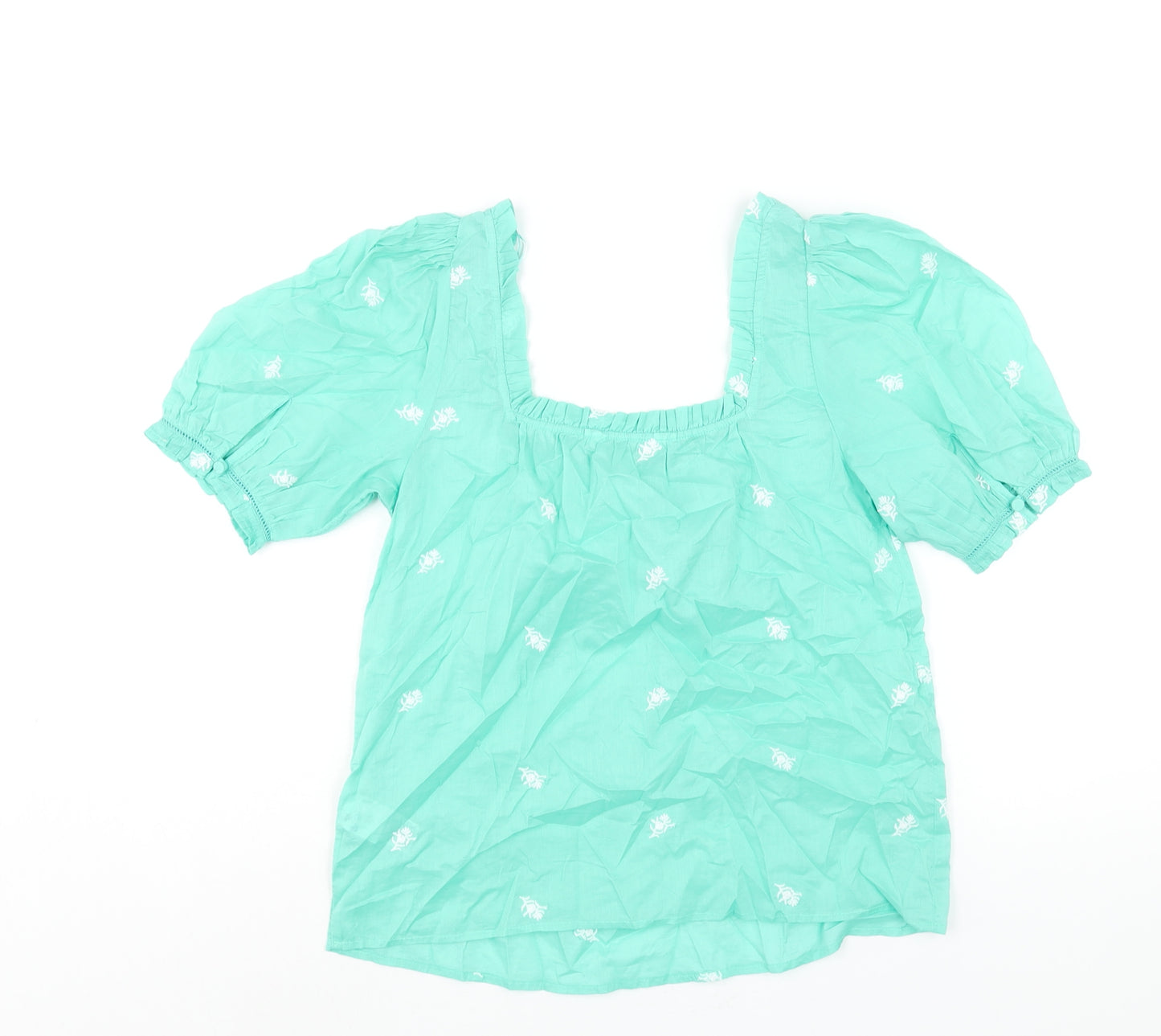 Per Una Womens Green Cotton Basic Blouse Size 6 Square Neck - Embroidered Detail Frill