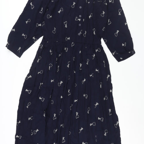 Cartoon Womens Blue Geometric Viscose Maxi Size 14 Round Neck Button - Vintage