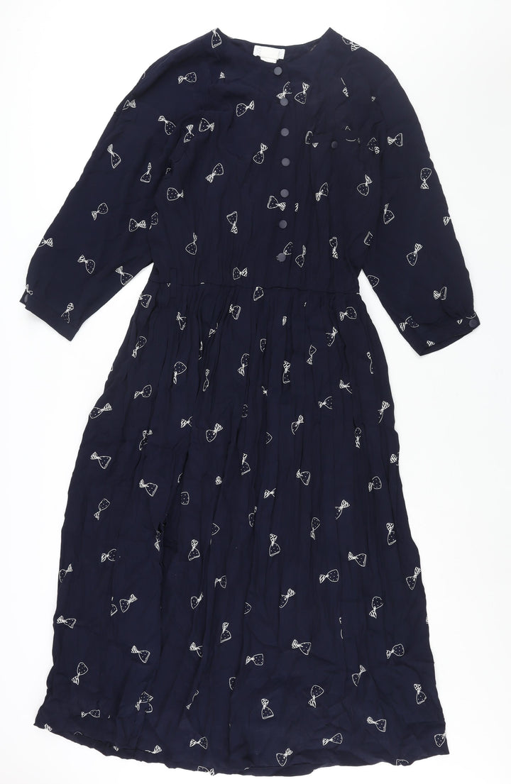 Cartoon Womens Blue Geometric Viscose Maxi Size 14 Round Neck Button - Vintage